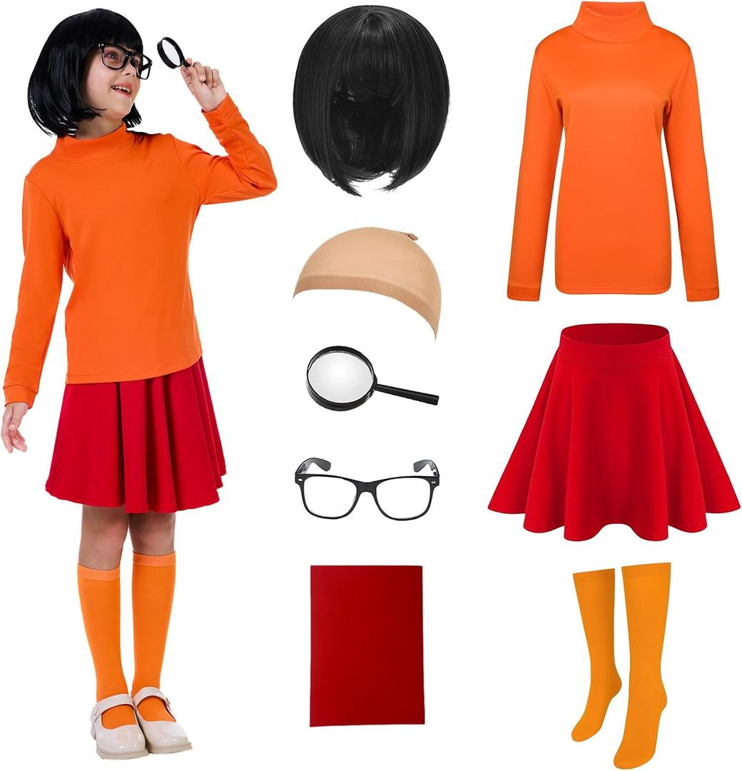 Halloween Costume Long Sleeve Orange Top Skirt Set Red Skirt with Wig Magnifier Socks Glasses (120 (5-6 Years))