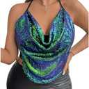 SweatyRocks Women's Plus Size Sparkle Sequin Tops Draped Cowl Neck Sexy Going Out Crop Halter Top, XL
