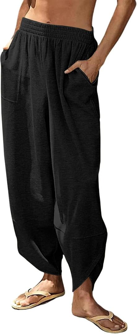 Peaceglad Cotton Linen Harem Pants with Pockets Palazzo Pants for Women Causal Cropped Wide Leg Trousers (Medium, Black)