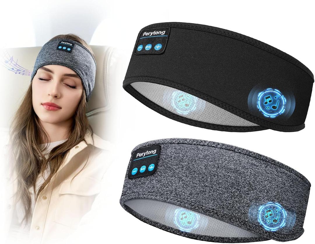 Perytong 2 Pack Sleep Headphones, Sleeping Headphones | Bluetooth Headband with Ultra-Thin HD Stereo Speaker, Wireless Headphone for Sports, Insomnia, Yoga, Air Travel, Meditation (Grey&Black)