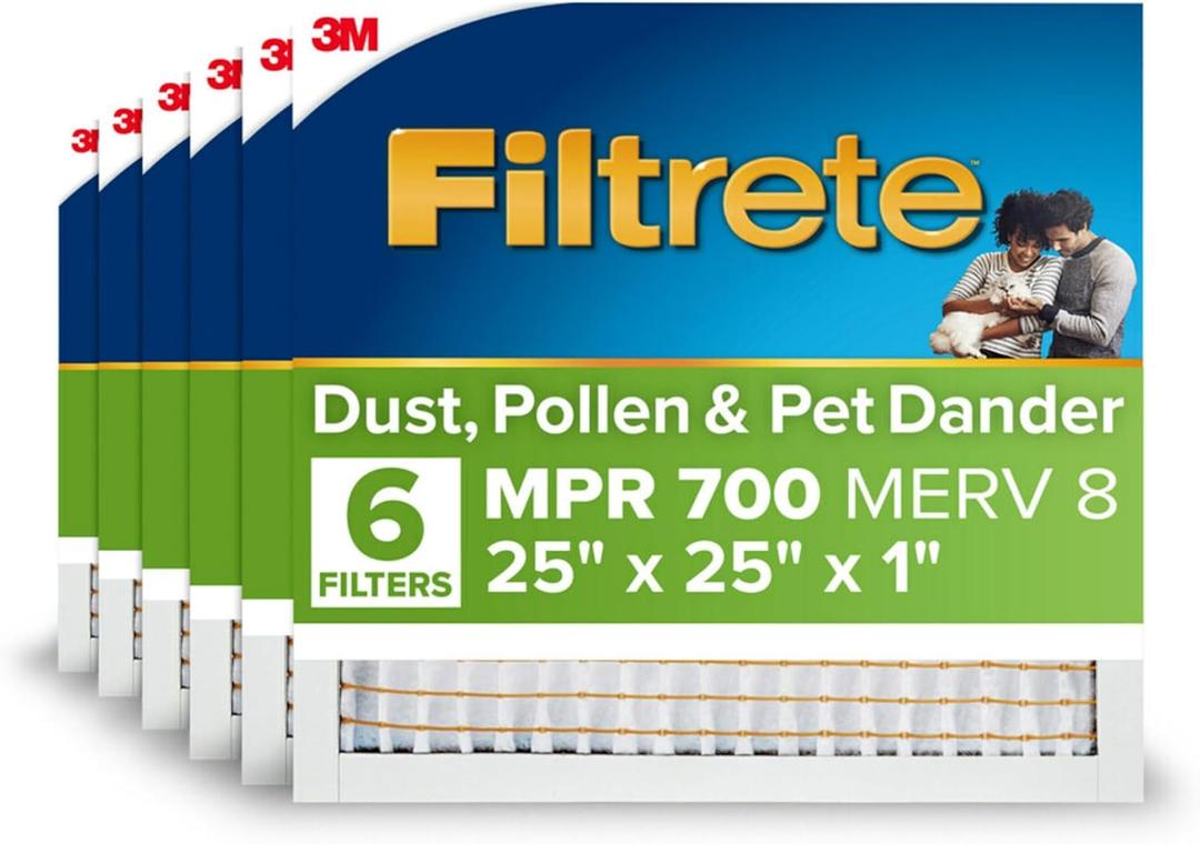 Filtrete 25x25x1 Air Filter, MERV 8, MPR 700, Dust, Pollen & Pet Dander Reduction, 3-Month AC and Furnace Filter, Easy on Air Flow, 6 HVAC Filters (Actual Size 24.81 x 24.81 x 0.81 in)