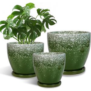 Ceramic Planters 3 Pack - 10 Inch 8 Inch 6 Inch Plant Pots for Indoor Outdoor, Round Decorative Flower Pots with Drainage Holes and Saucers, Garden Home Decor, Gift for Women Men, Green