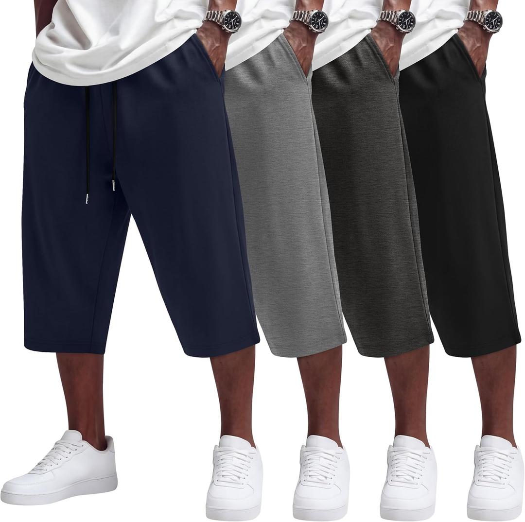 Neer 4 Pack Mens Carpi Shorts Big and Tall Below Knee Casual 3/4 Pants Loose Fit Drawstring Jogger Shorts with Pockets (XXL)