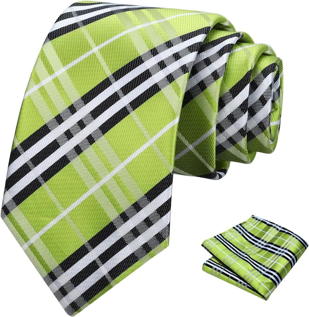 PenSee Mens Black Tie Checkered Tie Classic Necktie 3.15" (8CM) Plaid Ties For Men With Pocket Square Set (Medium, 207-twill Plaid Lime Green)