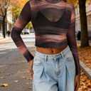 SOFIA'S CHOICE Women's Tie Dye Sheer Crop Tops Mesh Mock Neck Long Sleeve T Shirt Brown X-Large (Brown, XL)