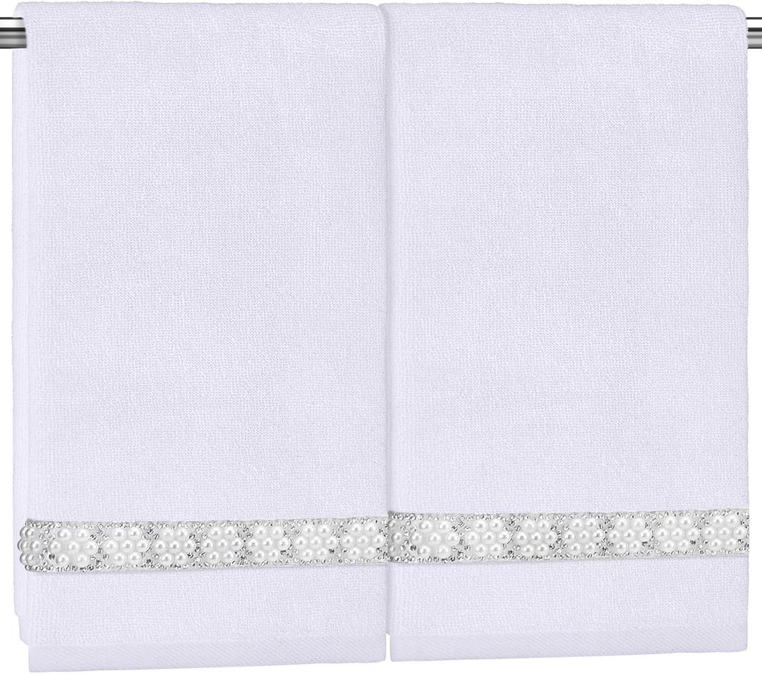Hahafelt 2 Pcs White Sparkling Hand Towels with Pearl for Bathroom 100% Cotton Glitter Soft Elegant Hand Bath Towels Absorbent Machine Washable for Spa Yoga Hotel Sport, 29.5" x 13.8"