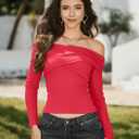 CSDAJIO Off The Shoulder Tops for Women Long Sleeve Ribbed Top Cross Wrap Going Out Shirt Fitted Tee (Red, S)