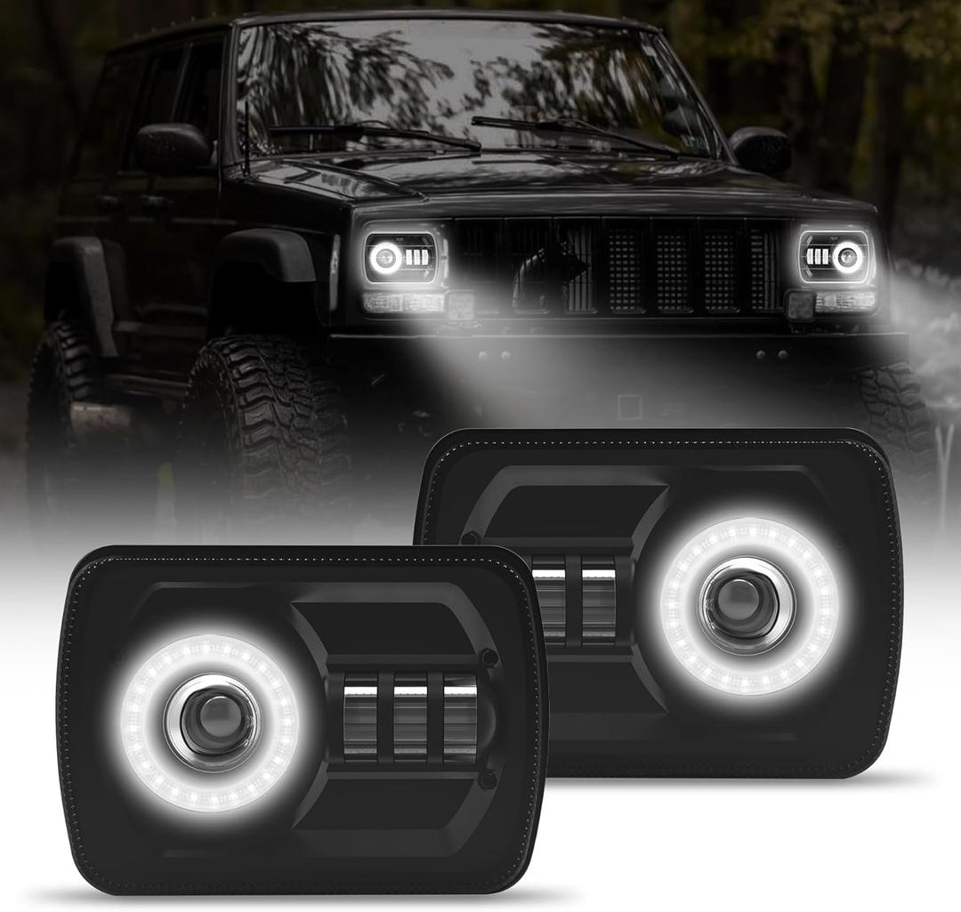 2Pcs Rectangle 57 76 Inch LED Headlights with Halo DRL & Turn Signal High/Low Beam,Compatible With Cherokee XJ Wrangler YJ GMC Dodge Kenworth T300 Replacement H6054 H5054 6052 (White Halo)