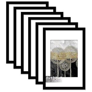 Fxojyvo 8x12 Picture Frame Set of 6, Display Photo 6x8 with Mat or 8 x 12 Without Mat, Light Weight and High Transparent 8 by 12 Frame for Wall - 6 Pack/ Black/ 8"x12"