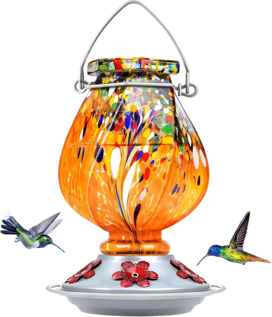 BOLITE Hummingbird Feeder, Hand Blown Glass Hummingbird Feeders for Outdoors Hanging, 22 Ounce, Five Feeding Ports with Perch, Orange, Birthday Gifts for Women Men, Gifts for Mom Dad