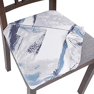 SearchI Seat Covers for Dining Room Chairs Stretch Printed Chair Seat Covers Set of 6, Removable Washable Upholstered Chair Seat Protector Cushion Slipcovers for Kitchen, Office(Blue/ White)