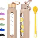 32 oz Glass Water Bottle with 2 Lids-Handle Straw Lid & Bamboo Lid,1 Liter Motivataional Tumbler Water Bottle Time Marker, Borosilicate Glass Water Bottles With Silicone Sleeve, Leakproof (Amber)