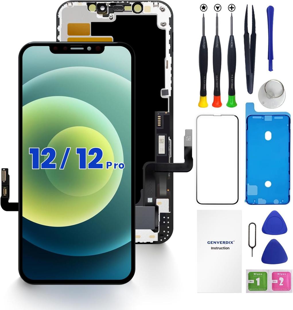 for iPhone 12/12 PRO Screen Replacement, 6.1 inch 3D Touch LCD Display Full HD Repair kit Genverdix, Digitizer Assembly with Tools Set, Tempered Glass Screen Protector, Waterproof Frame Adhesive