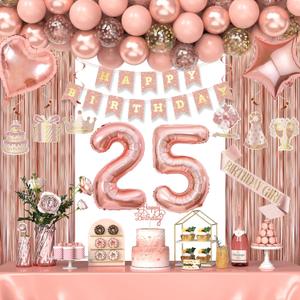 25th Birthday Decorations for Women Girls, Happy 25 Birthday Decorations for Her, Rose Gold Birthday Party Supplies with Banner, Number Balloons, Fringe Curtains, Hanging Swirls, Foil Balloons