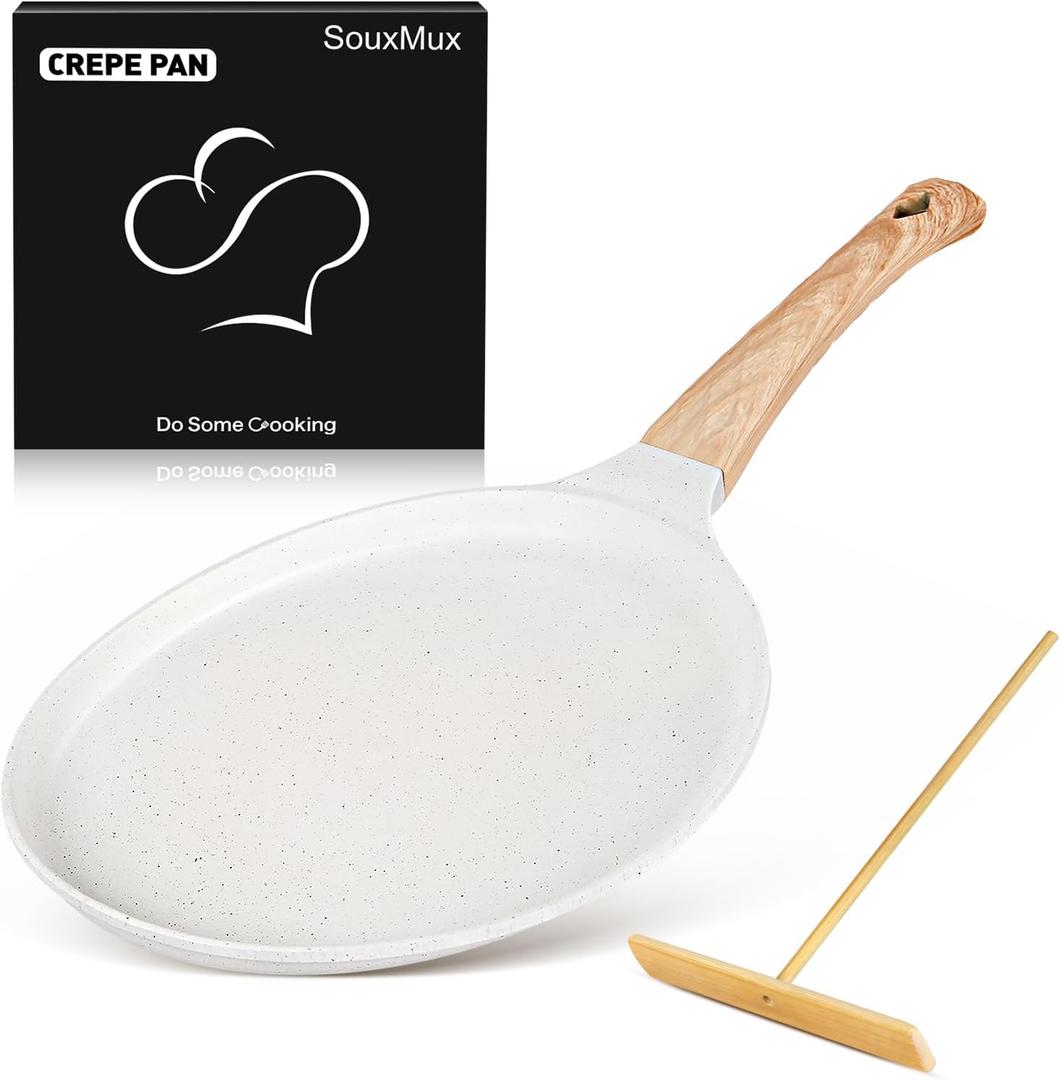 SouxMux 9.7" Crepe Pan with Spreader, Ceramic Nonstick, Induction Ready | For crepes, dosa, pancakes & omelettes. PFOA-free ceramic. Cool-touch handle. Even heating, induction base.
