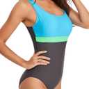 Womens One Piece Swimsuit Scoop Open Back Athletic Training Swimwear Color Block Sport Bathing Suit (Blue, M)