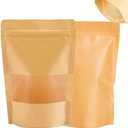 CEZOOWYEX 150 Pack Kraft Paper Bags with Window, Sealable Stand up Pouches, 5.9 x 8.6 Inch Reusable Treat Packaging Bags for Food, Snacks, Coffee