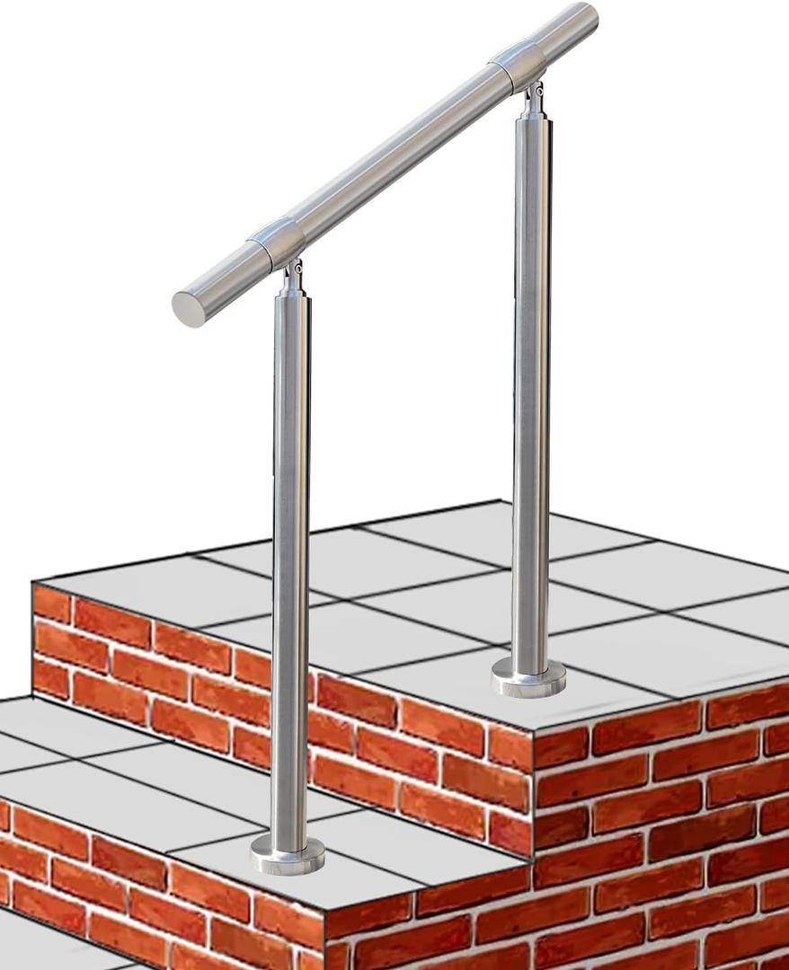 Outdoor 2 Step Handrail, DIY 304 Stainless Steel Transitional Hand Rails with Installation Kit,Silver Porch Stair Railing for Concrete Brick or Wooden Steps, 26x36 in