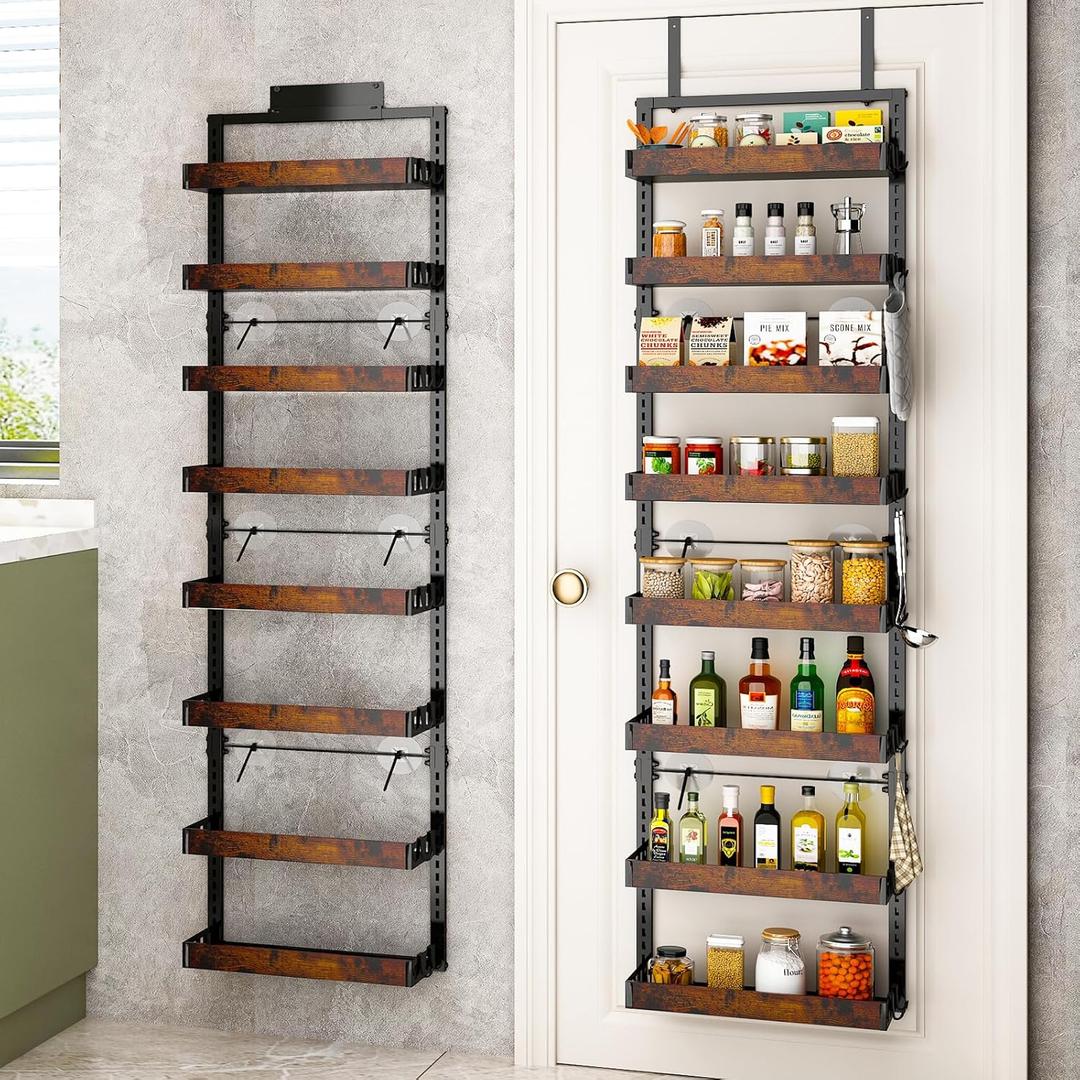 BUKFEN 8-Tier Over the Door Pantry Organizer, 2-in-1 Door Hanging or Wall Mounted Spice Rack, Heavy Duty Metal Storage Shelves with Adjustable Wooden Baskets for Kitchen Bathroom Closet