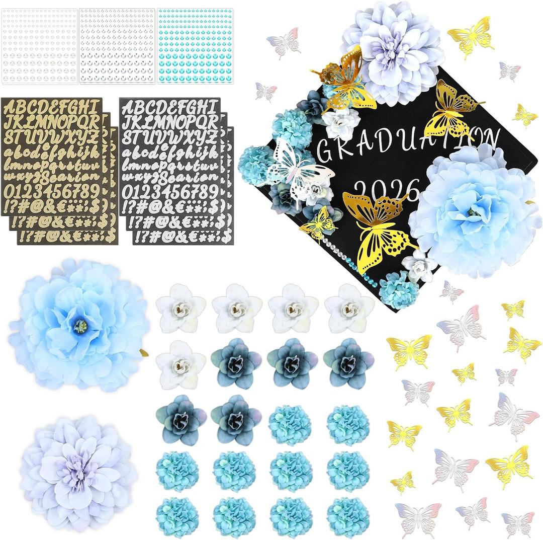 DECYOOL Graduation Cap Decorations, 58 Pcs DIY Graduation Cap Topper Craft Kit Included Faux Flowers for Graduation Cap 3D Butterfly Stickers Letter Stickers Rhinestone Stickers (Blue)