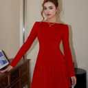 Women's Long Sleeve Mini Dress Sexy Boat Neck Pleated A-line Party Dresses (Red, L)