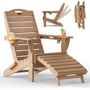 Folding Adirondack Chair with Retractable Ottoman Weather Resistant Fire Pit Chair Patio Chair with 2 Cup Holder Lawn Outdoor Lounge Chair (Teak)