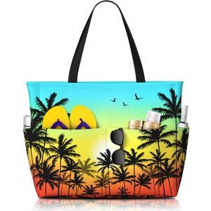 Beach Bags for Women Cute Print Waterproof Sandproof Women Tote Bag with Zipper Colorful Pool Bags for Gym Travel Vocation