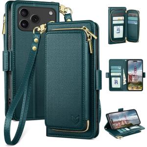 DJBEAR for iPhone 17 Pro Max 6.9" Wallet Case for Men & Women, All-in-One Flip Folio Cover with 9 Card Slots, Zipper Pocket, Detachable Wrist Strap, Full Body Protection for Apple 17 Pro Max Sea Green
