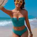 ZAFUL Womens Bandeau Bikini Set Strapless Textured Two Piece Lace up Bathing Suits High Waisted V-Neck Swimsuits (Blue)