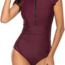 Wolddress Women Modest One Piece Bathing Suit Short Sleeve Tummy Control Swimsuit Zipper Surfing Athletic Rash Guard (Red, L)