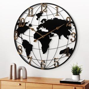 Maxstar Large World Map Wall Clock, Metal Minimalist Modern,Round Silent Non-Ticking Battery Operated Wall Clocks for Living Room/Home/Kitchen/Bedroom/Office/Farmhouse Decor (20 Inch, Black-arabic Numerals)