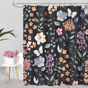 Black Floral Shower Curtain, Botanical Wildflower Dark Fabric Shower Curtain Set with Hooks, Flower Leaf Bath Curtain Boho Vintage Rustic Shower Curtains Moody Maximalist Bathroom Decor, 72x72