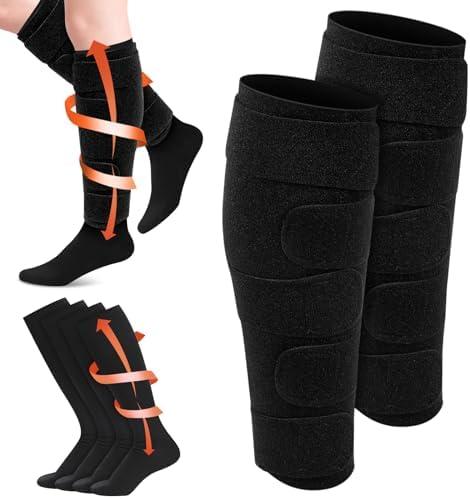 Floraltop 3 Pair Lymphedema Compression Leg Wrap with Calf Compression Sock 20-30 Mmhg Lymphedema Product Adjustable Brace Medical Shin Splint Wrap with Stocking for Heaviness Fatigue