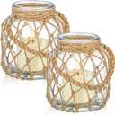 Blushtier 2 Set Nautical Candle Lantern with Rope Handle Coastal Glass Jar Battery Operated LED Flameless Lantern for Room Party Sea Beach House Table Centerpieces Decoration 5.5" x 5.5" x 6.3"
