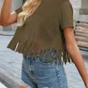 Remidoo Fringe Tops for Women Short Sleeve Crop Top T Shirt Western Cowgirl Cropped Tee Solid Green Small (Green, S)