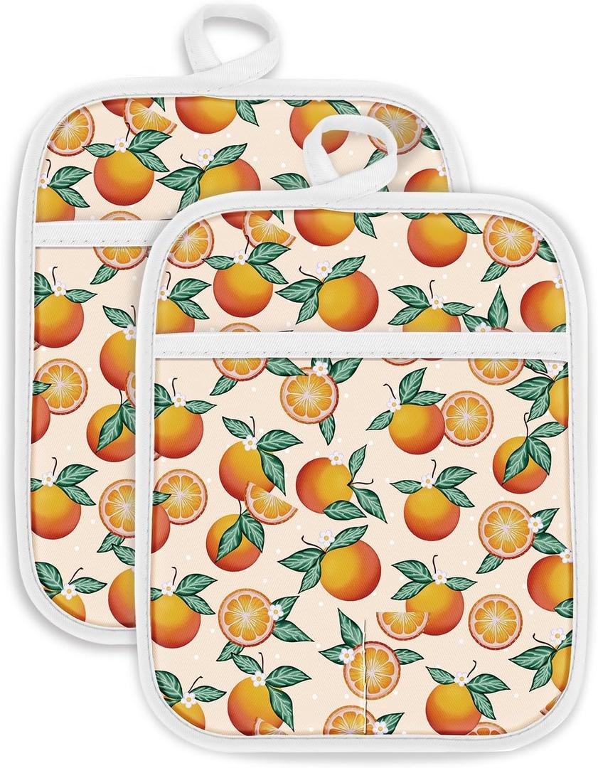 Swooflia 100% Cotton Pot Holders 2 Pack Set for Kitchen with Pockets - Cute 440F Heat Resistant Oven Hot Pads Heavy Duty for Countertop Home Cooking Baking Microwave BBQ Orange