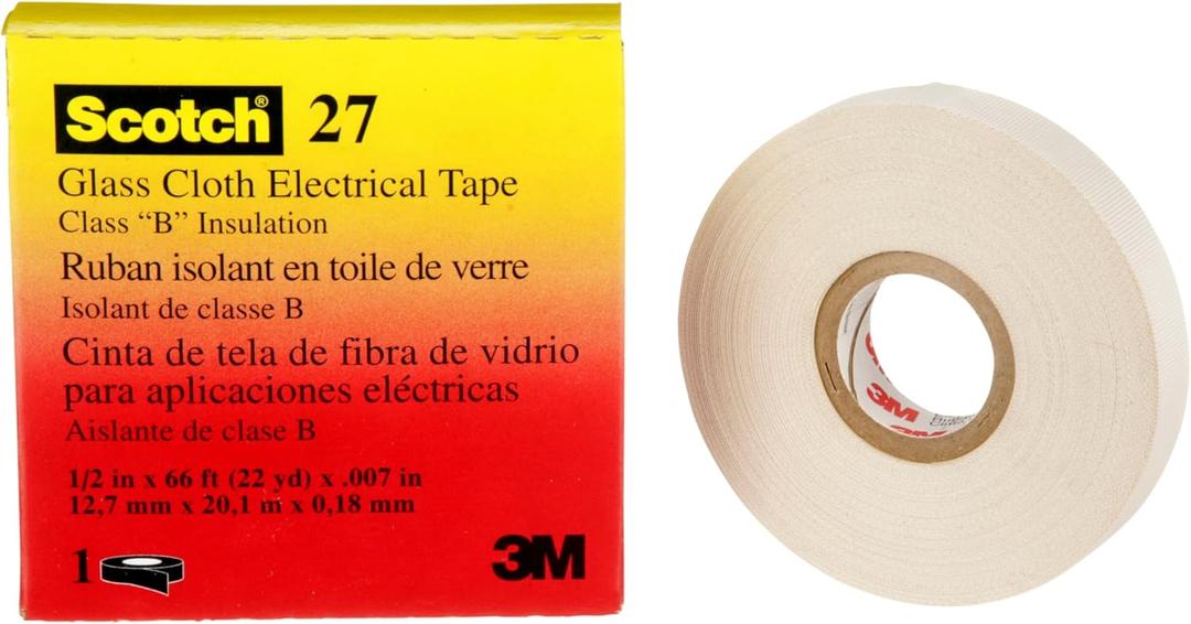 3M Glass Cloth Electrical Tape 27,  in x 66 ft, 1 Roll, Non-Corrosive Adhesive, Pressure Sensitive, High Temperature, Corrosion Protection, 7-mil Woven