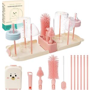 Bottle Cleaner Brush Set, 7 in 1 Bottle Brush Cleaner Baby, Home and Travel Bottle Brush Set Contain Bottle Brush, Nipple Brush, Straw Brush, Storage Box, Soap Dispenser, Bottle Drying Rack (Pink)