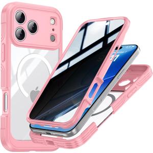 Magnetic Privacy for iPhone 17 Pro Case, Privacy Screen Protector, Military Grade Protection, Fit for MagSafe, Silicone Edge Double Sided Tempered Glass Shockproof Anti Peep Full Body Case Pink