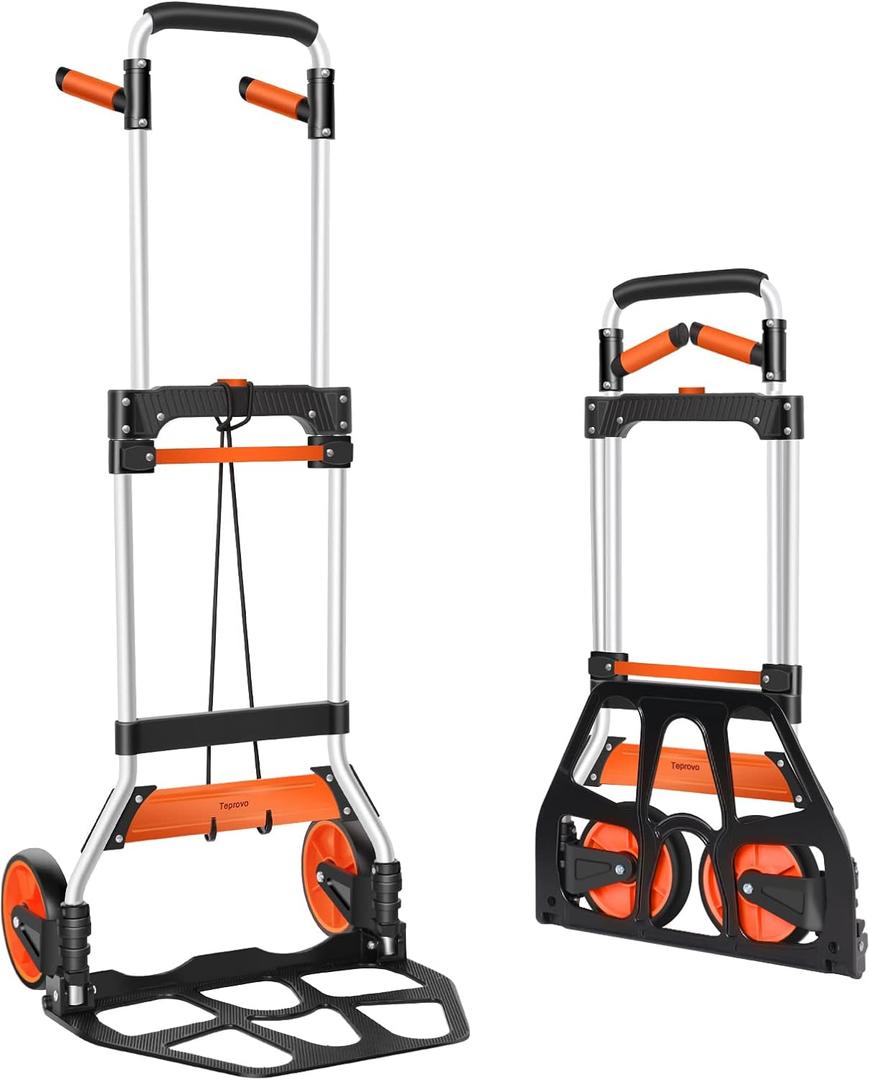 Teprovo Dolly Cart, 309 lb Aluminum Folding Hand Truck with Swivel Handle, Heavy Duty Utility Dolly Foldable Trolley with Elastic Cord, 7 Inch Wheels for Moving, Warehousing, Shopping and More