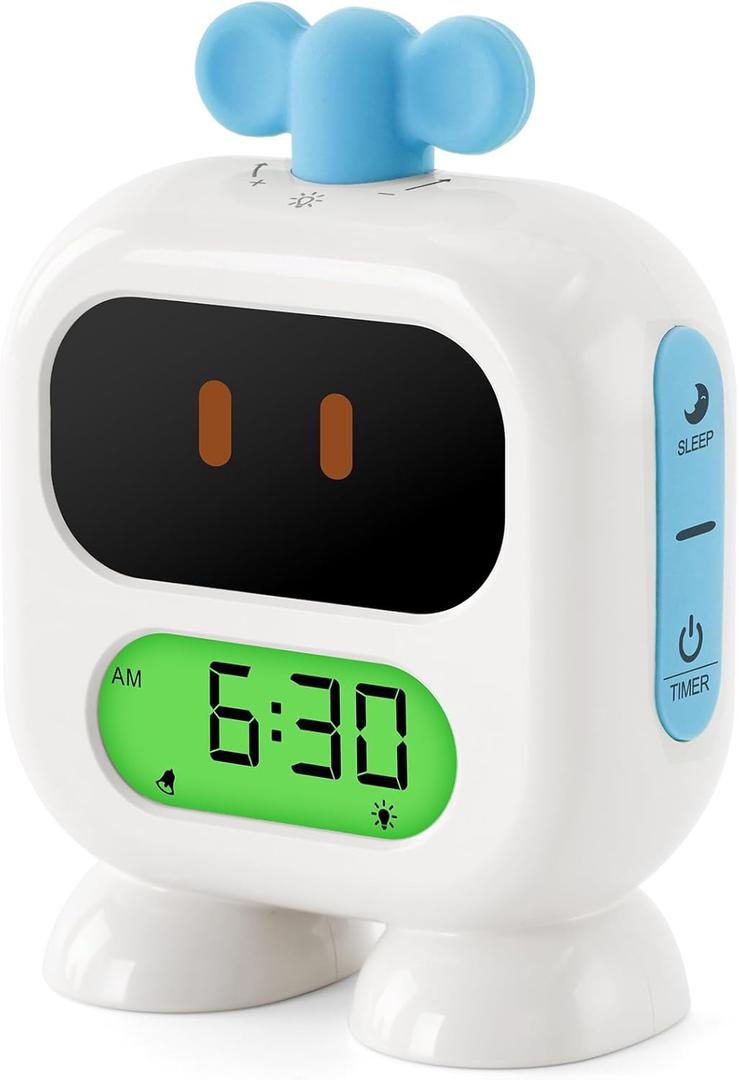 Kids Alarm Clock Ok to Wake with Green Light Red Light, Nap Timer, Robot Toddler Sleep Training Clock for Children (Blue)