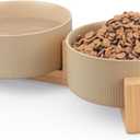Ceramic Pet Bowls for Dog and Cat, No Spill Dog Food and Water Bowl Set with Anti-Slip Wooden Stand, Riased Puppy Feeding Dishes Suitable for Small, Medium and Large Cats Dogs, Khaki 28 OZ
