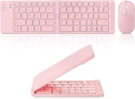 Mini Rechargeable Foldable Bluetooth Keyboard and Mouse Combo, Portable (Sync Up to 3 Devices), Ultra-Slim Travel Folding Keyboard for iPhone iPad Mac Android Windows iOS（Pink）