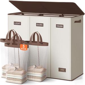 SOLEDI 200L 3-Section Laundry Hamper with Lid, Extra Large Dirty Clothes Basket with Sturdy Handles for Laundry Room & Bedroom - Durable Organizer for Sorting Laundry