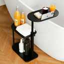 3-Tier Freestanding Bathtub Tray Table, Bamboo Swivel Bathtub Side Table with Height Adjustable Design, Standing Bath Tray for Tub Against Wall, Bathroom Organizer for Luxury Home Spa (Black)