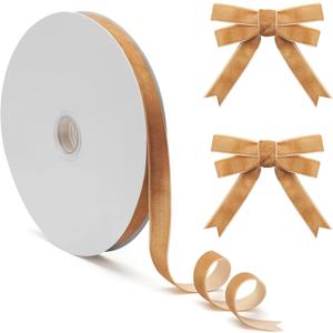 4 x Khaki Velvet Ribbon, Gold Velvet Christmas Ribbon 5/8 Inch Thin, 10 Yd Vintage Ribbons for Christmas Tree Bow Ornaments, Gift Wrapping, Crafts, Choker Necklace, Valentine's Day, Party Decor