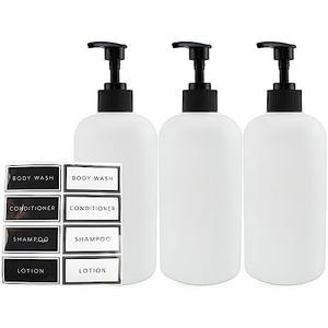 Cornucopia Brands Shower Pump Bottles (Set of 3, White); 16oz Plastic Pump Dispensers for Shampoo, Conditioner, and Body Wash