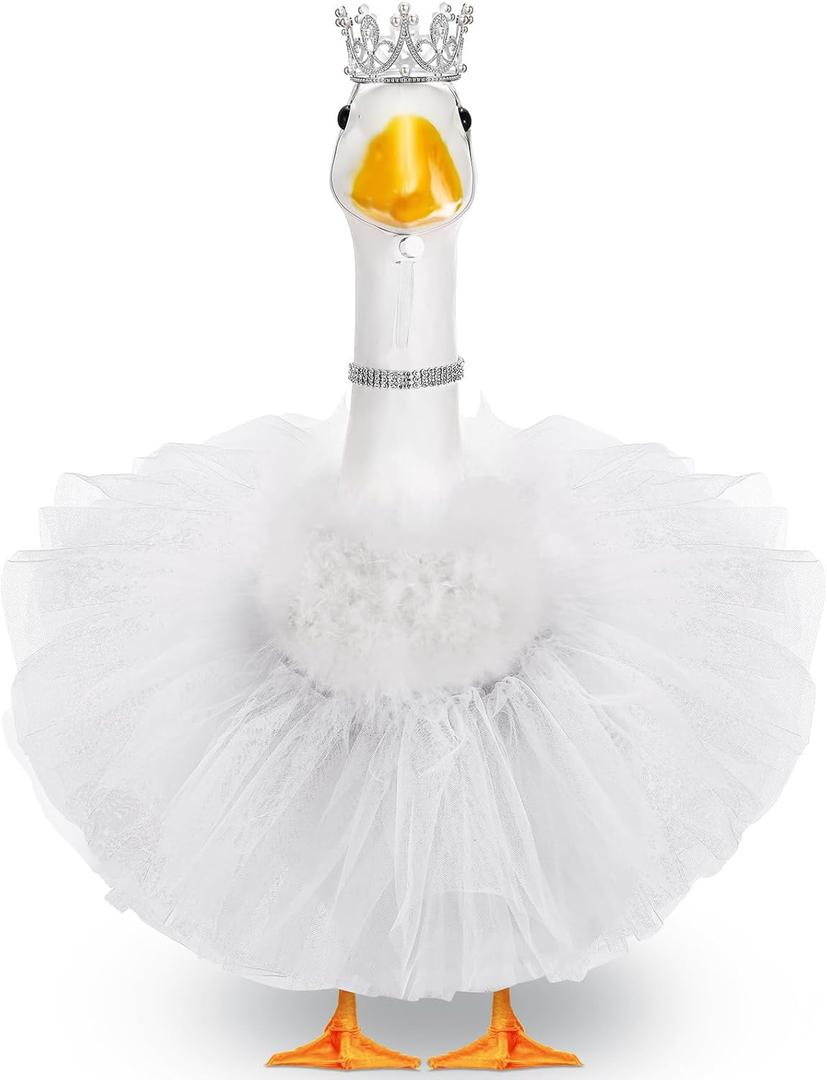 4 Pcs Princess Porch Goose Outfit for 23" 17" Cement Lawn Goose Costume Crown Necklace Tutu Skirt Feather Trim for Princess Outdoor Garden Lawn Art Decor(White)