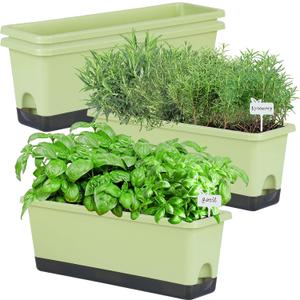 Window Box Planter 4 Packs, 17 Inches Rectangle Flower Pots with Drainage Holes & Trays, Pots for Vegetables, Herbs, Flowers, Garden Windowsill Balcony (Light Green, 17 * 5.1 * 6 inch)