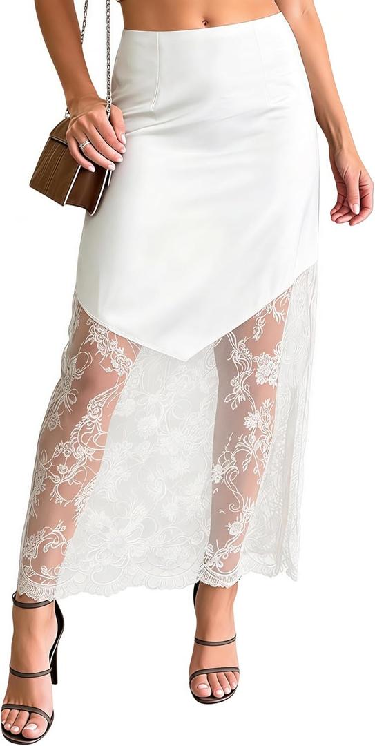 Women's 2026 Lace Patchwork Bodycon Skirt - High Waist Elegant Solid Maxi Long Skirt